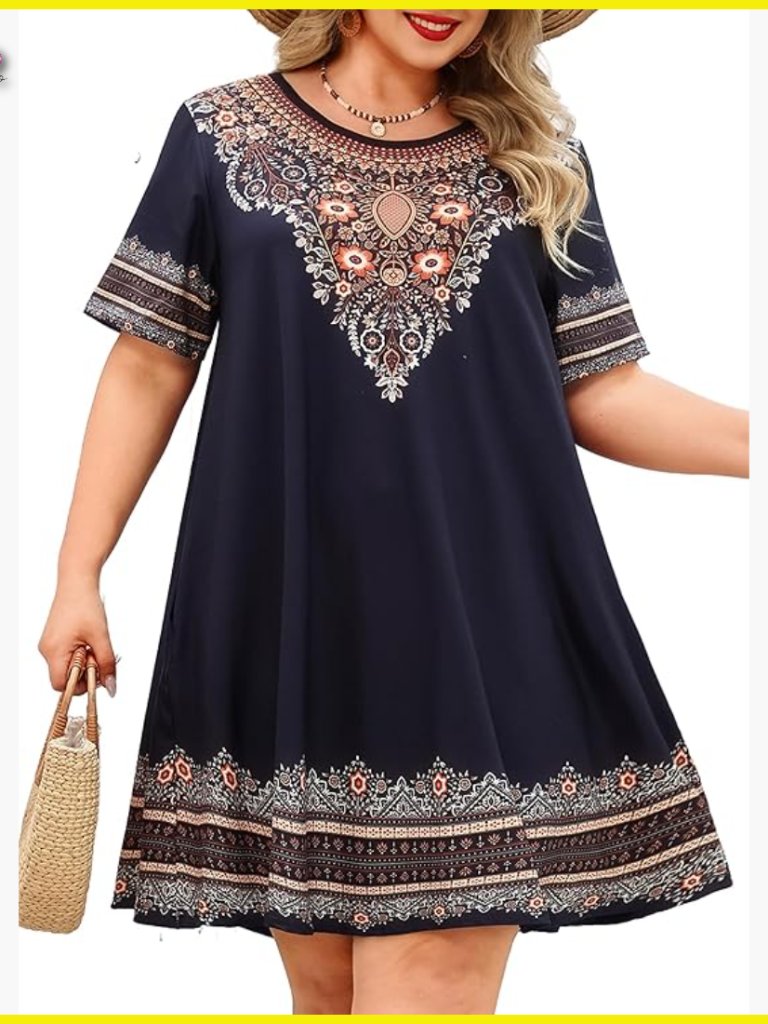 Plus Size Boho Swing Dress Short Sleeve Casual Floral Paisley Sundress With